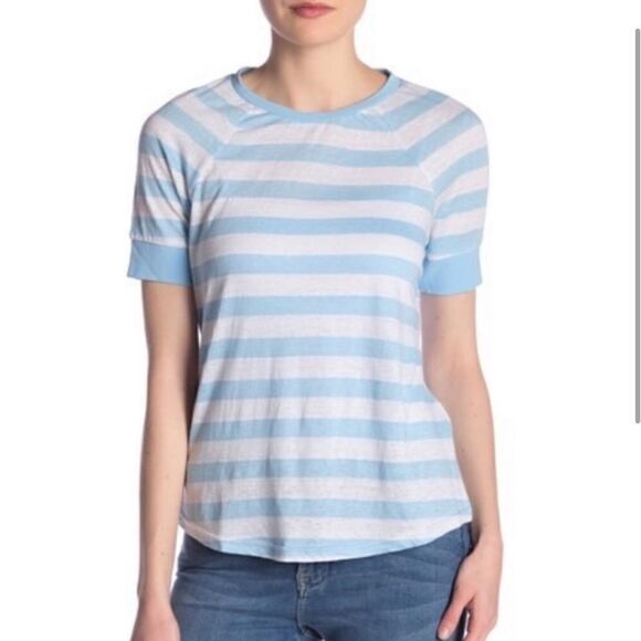 FRAME Linen Blue White Striped Tee - Picture 1 of 8
